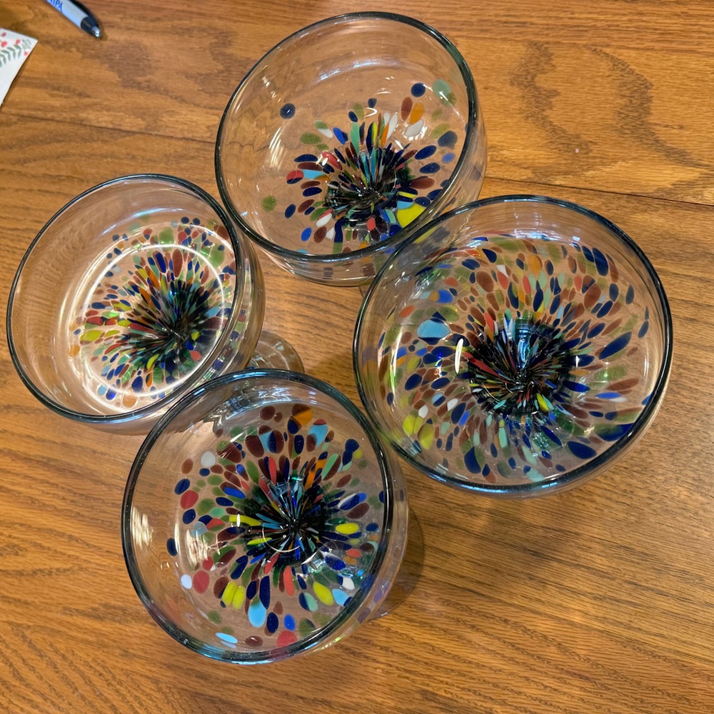 Set Of 4 Blue Dorado Design Margarita Confetti Glasses -  Hand Blown